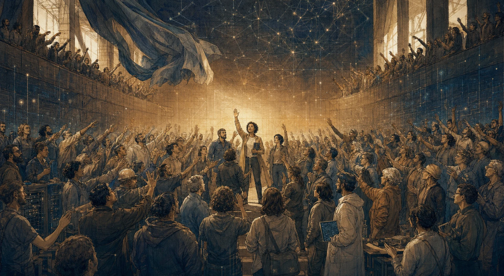 A contemporary civic assembly raising their hands in a shared oath beneath a glowing open network